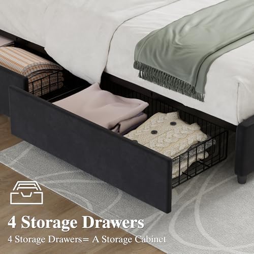 VECELO Queen Size Bed Frame with 4 Storage Drawers, Adjustable Height Headboard, Heavy-Duty Platform Bedframe with Strong Wooden Slats, No Box Spring Needed, Black