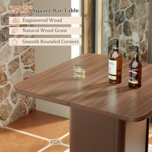 Square Bar Table with 2-Tier Hidden Storage, 38.1" High Counter Height Bistro Pub Cocktail Table, Modern Drink Bar Station for Kitchen Living Room, Coffee House, Small Space, Walnut