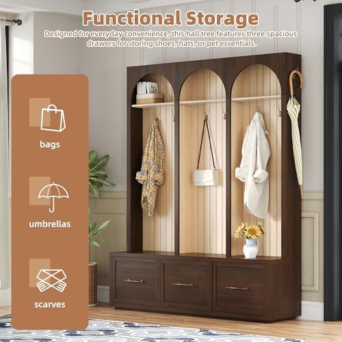 Merax Farmhouse Wood Hall Tree with Shoe Bench and 3 Drawers, 4-in-1 Coat Rack with 8 Hooks for Entrance, Hallway, Mudroom Dark Walnut
