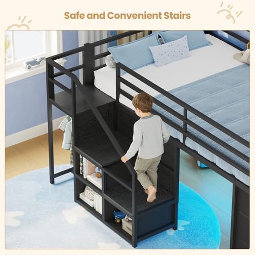 BTHFST Low Loft Bed Twin Size with Stairs,LED Lights,7 Large Drawers, Black