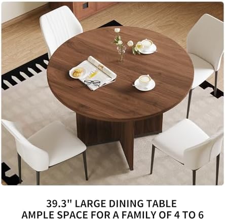 HIPIHOM Modern Round Dining Table Set for 2, 39.4" Walnut Kitchen Table with 2 PU Leather Chairs, 3-Piece Mid-Century Dining Room Set for Small Spaces, Pedestal Base & Ergonomic Padded Chairs