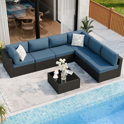 7 Piece Outdoor Patio Furniture Set with Black PE Rattan, Navy Blue