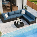 7 Piece Outdoor Patio Furniture Set with Black PE Rattan, Navy Blue