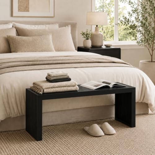 Bamboo Dining Bench, 35'' Slatted Design Entryway Bench, Black