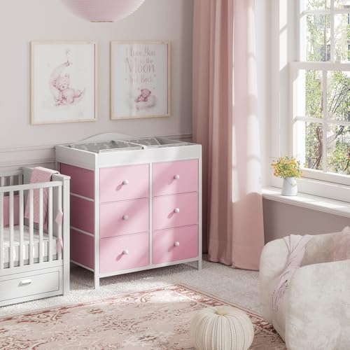 BOLUO Changing Table Dresser with 6 Fabric Drawers, Baby Dresser with Changing Table Top Diaper Changing Station with Storage for Nursery Modern Pink