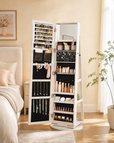 SONGMICS HOME Standing Jewelry Cabinet, Full Length Mirror with Storage | Swivel Jewelry Armoire, Lockable Rotating Organizer, Rear Storage Shelves, Bedroom Organization, White UJJC006W01SH