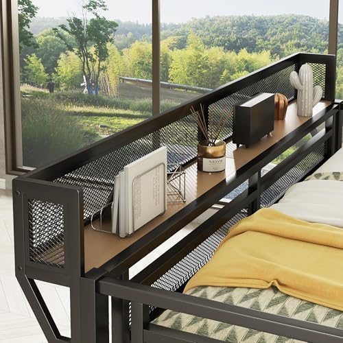 KEIKI Queen Size Metal Loft Bed Frame with Desk, Staircase, Built-in Storage Shelves and Wardrobe, Modern Loft Bed with Solid Slat, Guardrail, No Box Spring Required, Easy Assembly, for Bedroom, Black