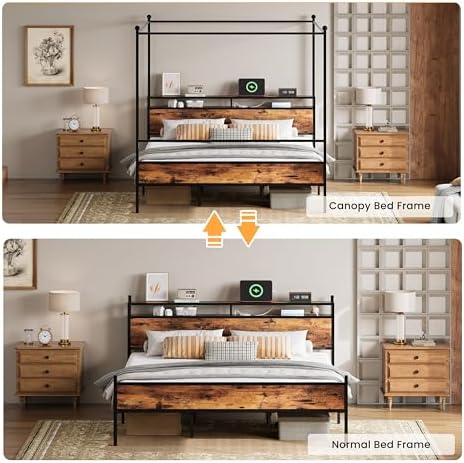 LIKIMIO Canopy Bed Frame King with Storage Headboard & Charging Station, Sturdy Metal Platform Bed with 4 Removable Posts, Dual Purpose Bed Frame, No Box Spring Needed, Noise Free