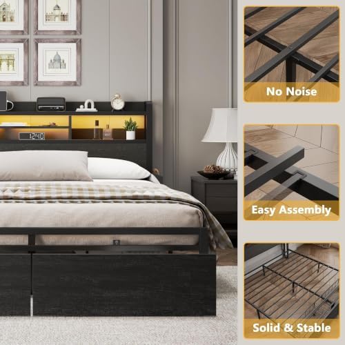 Furnulem King Size Bed Frame with 2 Drawers and Storage Headboard Black