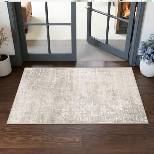 Washable 2x4 Entryway Area Rugs: Abstract Water Resistant Kitchen Sink Rug Non-Slip Durable Doormat Ultra Soft Living Room Bedroom Carpet Low Pile Floor Mat for Bathroom Dining Room(2x4,Beige/Cream)