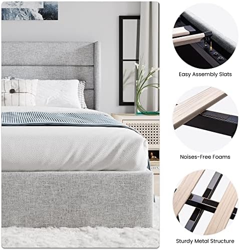 SHA CERLIN King Size Lift Up Hydraulic Storage Bed Frame Light Grey
