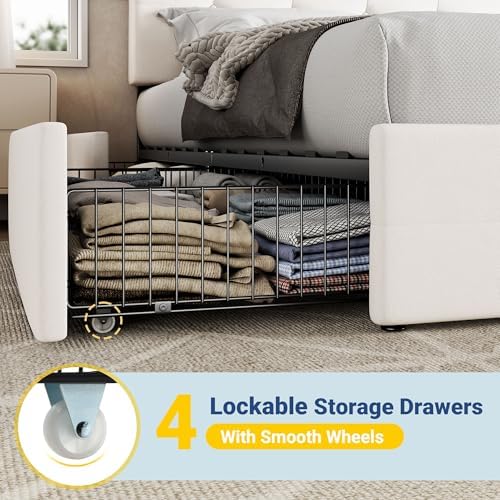 Allewie Queen Size Storage Bed Frame with 4 Underbed Drawers, Upholstered Platform Bed with Adjustable Headboard, Square Button Tufted, Easy Assembly, Noise-Free, No Box Spring Needed, Soft White