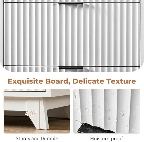 VINGLI 24 Inch Bathroom Vanity with Sink, White Bathroom Sink Cabinet with Fluted Drawers, Freestanding Modern Vanity Cabinet with Ceramic Basin, Black Handles & Side Toilet Paper Holder