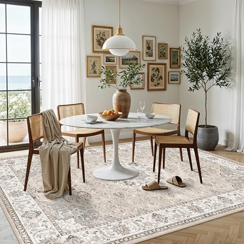 7x10 Area Rug for Living Room: Washable Neutral Vintage Large Rugs for Bedroom, Office, Dining Room, Kids Room, Farmhouse Durable Low Pile Non Slip Carpet for High Traffic Areas(7x10 Beige)