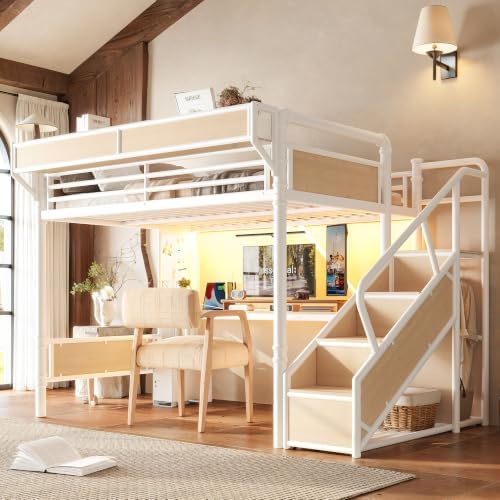 KEIKI Queen Size Metal Loft Bed Frame with Storage Staircase, Desk, White