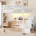 KEIKI Full Size Metal Loft Bed Frame with Desk, Staircase, Built-in Storage Shelves and Wardrobe, Modern Loft Bed with Solid Slats, Guardrail, No Box Spring Required, Easy Assembly, for Bedroom, White