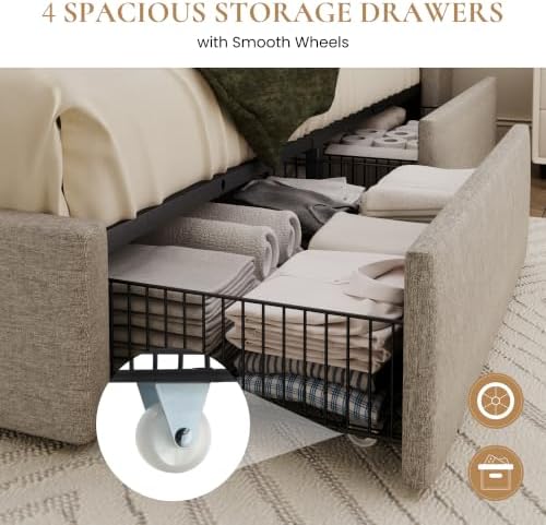 SHA CERLIN King Size Storage Bed Frame with 4 Oversized Drawers, Modern Wingback Headboard with Storage Shelf & Charging Station, No Box Spring Needed, Easy Assembly, Light Beige