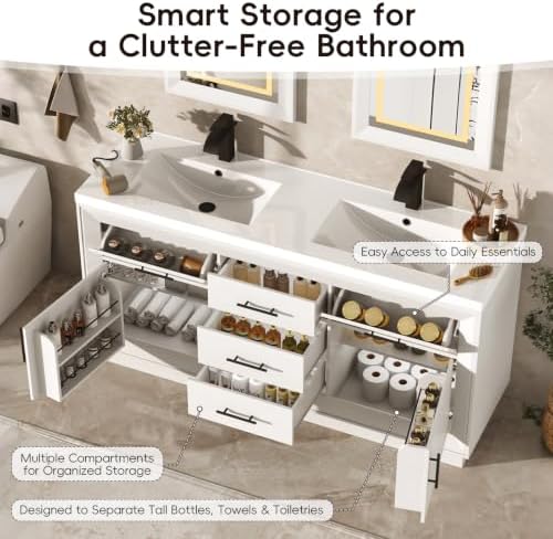 St.Mandyu 60" Bathroom Vanity w/Sink & LED Mirror & Faucet,Modern Bathroom Vanities Set w/ 3-Color Lighting, Curved Splash-Reducing Basin, Bath Vanity w/Large Storage Cabinet&Drawers,White