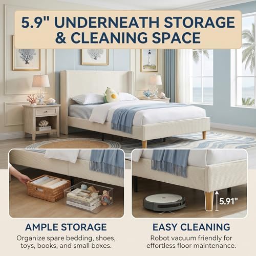 Twin Corduroy Upholstered Platform Bed with Headboard Wingback, Cream