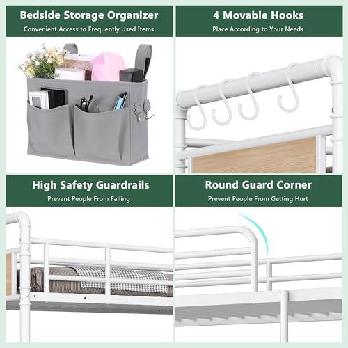 Jocoevol Metal Bunk Bed Twin Over Twin, Industrial Bunkbeds Heavy Duty Bed with Safety Guard Rails and Space-Saving Design, Steel Bed for School, Bedroom (White)
