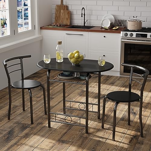 JUMMICO 3-Piece Wooden Round Table & Chair Set (Black)