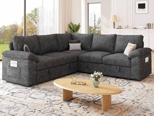 85'' Modular Sectional Sofa with Pull Out Bed, Sleeper Sofa, Dark Gray