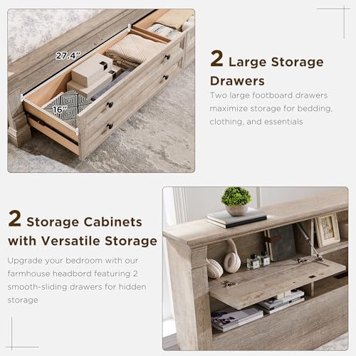 Queen Size Bed Frame 2 Drawer & 4 Storage Rack Headboard Charging Station