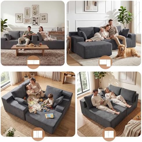 GRUSIGN Cloud Sectional Boneless Couches for Living Room, Modular L Shaped Couch with Deep Seat Oversized Left Facing Chaise, Memory Foam Compressed Spineless 3 Seater Sofa for Apartment, Grey