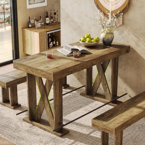 LITTLE TREE 63" Bar Table, Pub Table with Metal Footrest (Rustic Brown,2)