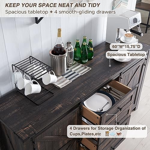 T4TREAM 60" Wide Farmhouse Sideboard Buffet Cabinet, Dark Rustic Oak