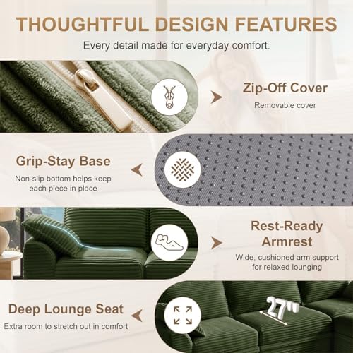 Upgraded Boneless Couch with Storage, Sectional Couches for Living Room, L-Shaped Modular Cloud Corduroy Sofa with Ottoman & Pillows, Oversized Deep Seat Memory Foam Couch, No Assembly,107" L(Green)