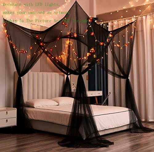 Mengersi Bed Canopy,Canopy Bed Curtains Bed Drapes for Full Queen King Size Bed,Mosquito Net Bed Curtains for Patio Indoor Outdoor Net,Black Bed Canopy Curtains for Gothic,Halloween Decoration
