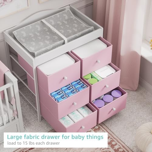 BOLUO Changing Table Dresser with 6 Fabric Drawers, Baby Dresser with Changing Table Top Diaper Changing Station with Storage for Nursery Modern Pink