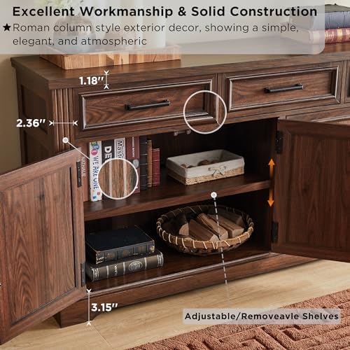 JXQTLINGMU 66" Farmhouse Buffet Cabinet with Storage, Sideboard Credenza, Carved Cloud-Inspired Doors, 3 Drawers & Adjustable Shelves, Coffee Bar Cabinet, Dark Brown