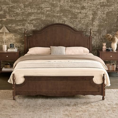 LUXOAK Queen Size Solid Wood Poster Bed, 55" Arched Headboard, Dark Walnut