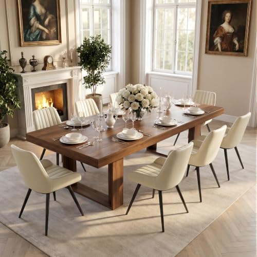 Miereirl 9-Piece Modern Farmhouse Dining Table Set, 86.6" x 47.2" Sturdy Stable Dining Table with 8 Chairs, Rectangular Kitchen Table Set for 8,(Walnut Table+8 Beige Chairs)
