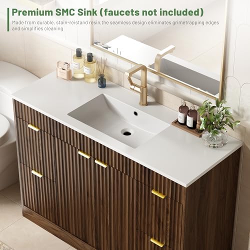 CARPETNAL 48 Inch Bathroom Vanity with Sink, Walnut. | Modern Fluted Bathroom Vanity with Sink with Storage Cabinet, Adjustable Shelf and 2 Soft Closing Doors & 4 Drawers.