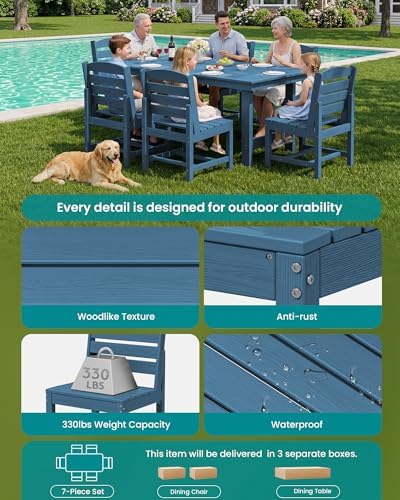 SERWALL Armless Outdoor Dining Set, Patio Dining Set for 6, Blue