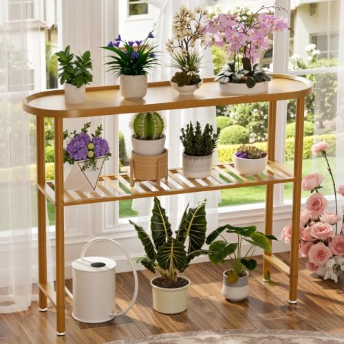 Bamboo Foyer Table for Entryway 39.4", Farmhouse Entryway Table for Hallway Oval Top, Sofa Console Table with Anti-fall Edge, TV Stand for Living Room, Indoor Plant Stand, 5min Easy Assembly, Walnut