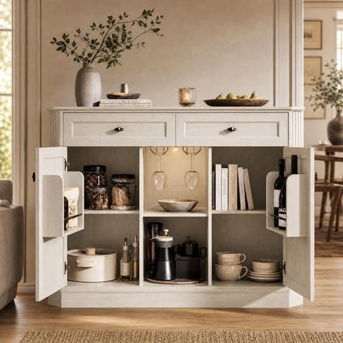 White Coffee Bar with 2 Drawers & 2 Doors, LED Wine Bar Cabinet with Wine Glasses, Coffee Station with Built-in Outlets, Buffet Cabinet Sideboard with Extra Storage for Living Room Kitchen Entryway