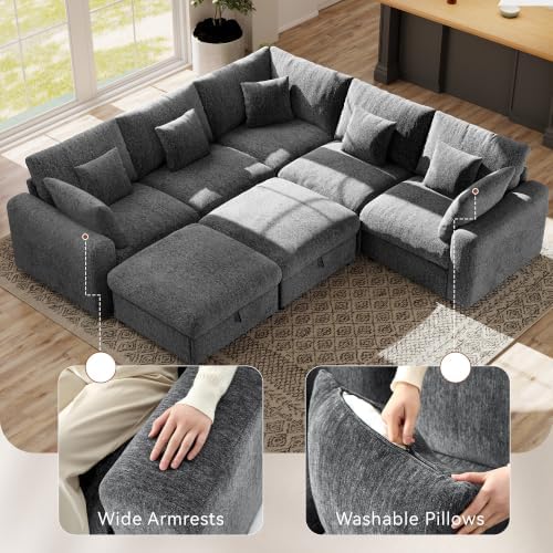 Ihanherry Oversized Cloud Sectional Couches for Living Room, Modular Sectional Sofa with Wide Deep Seat, Coner Couch with Throw Pillow and Storage Ottoman, Dark Grey