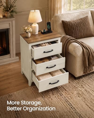 VASAGLE Farmhouse Nightstand with Charging Station, 3 Drawers
