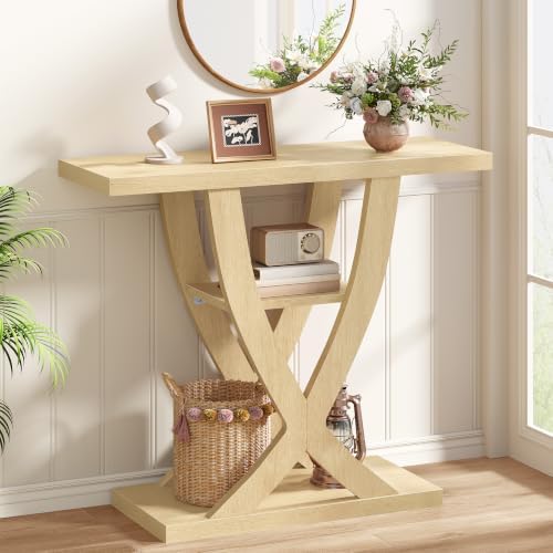 FAVOOSTY 39.4" Entryway Table, 3 Tier Hallway Table, Console Tables for Living Room, Narrow Entrance Table with Storage, Sofa Table Behind Counch, Accent Table for Entry Foyer, Natural Brown