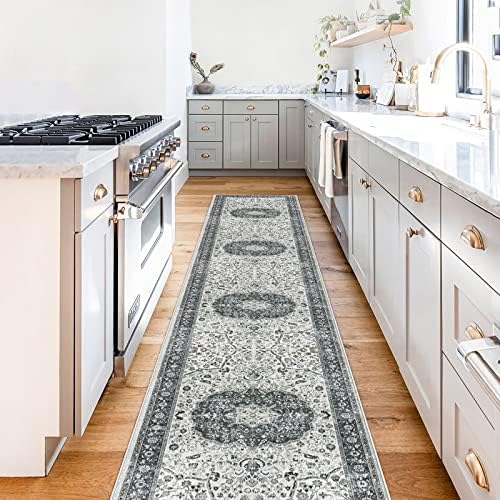 Hallway Washable Runner Rug - 2x10 Kitchen Rugs Entryway Rug Runner Vintage Soft Floor Mat Non Slip Indoor Farmhouse Carpet for Bathroom Living Room Bedroom (2 X 10, Grey)