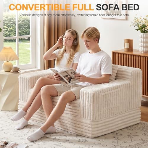 Erament Boneless Loveseat Convertible Sofa Bed, Folding Floor Futon Sleeper Sofa Couch Bed- Boneless Foldable Couch, Corduroy Pull Out Sofa Bed with 2 Pillows for Living Room & Bedroom
