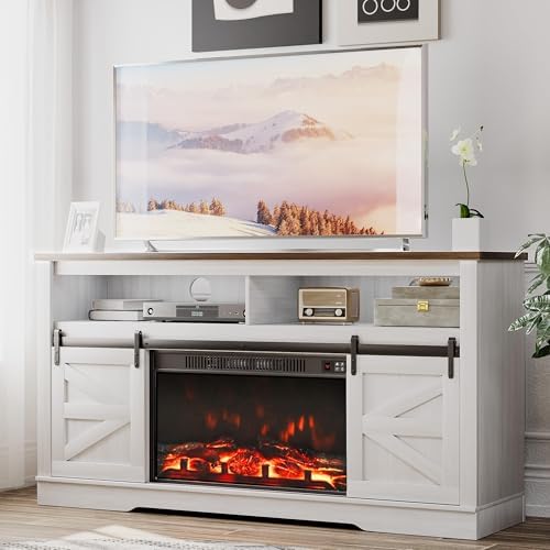 JUMMICO Fireplace TV Stand for 65 Inch TV with 26'' Fireplace(Milk White)