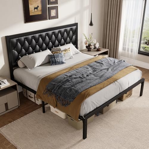 Fluest King Bed Frame with Headboard PU Leather Upholstered Bed Frame Platform,All Metal Slats Support Platform Bed Frame with Storage Space,Easy Assembly,Noise Free,No Box Spring Needed,Black