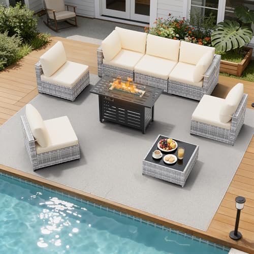 LOUVIXA 8 Piece Outdoor Patio Furniture Set, Outdoor Sectional Sofa with Firepit Table, Wicker Rattan Patio Furniture, Patio Conversation Set with Coffee Table & Cushions