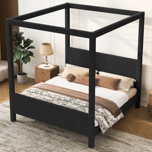 Queen Size Canopy Bed with Upholstered Headboard & Footboard, Black