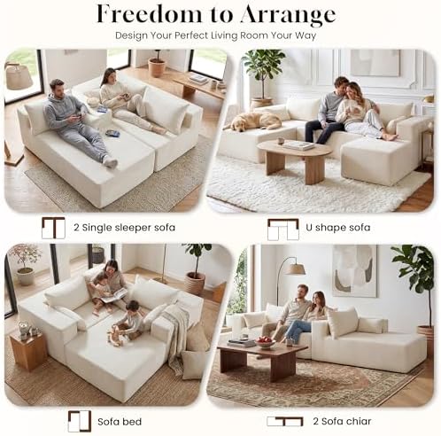 106" Cloud Sectional Boneless Couches for Living Room, Modular U Shaped Couch with Deep Seat, Removable Ottoman, Memory Foam Compressed Spineless 4 Seater Sofa for Bedroom Apartment, Beige